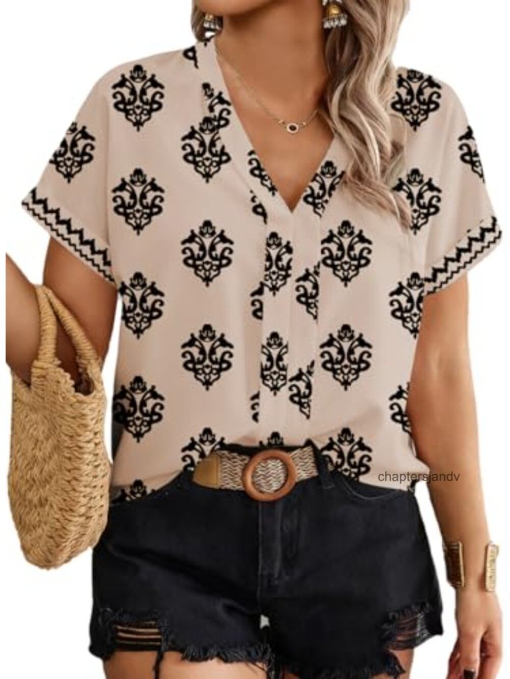 Women's Plus Size Floral Boho V-Neck Short Sleeve Chiffon Blouse